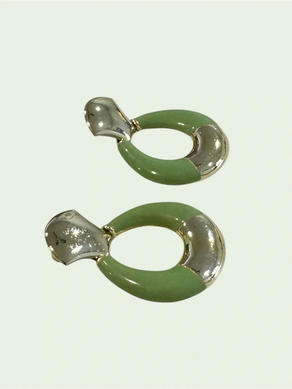 Retro Mint Green Enamel Gold Tone Earrings, 80’s inspired, geometric